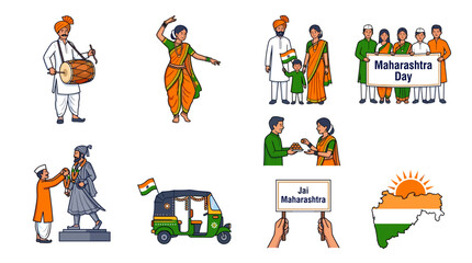 Fototapeta premium Colorful vector set of Maharashtra Day in India celebrating elements featuring traditional dance, music, family, map, and historical statue.