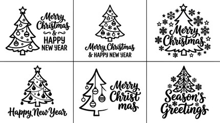Fototapeta premium Black and white christmas tree lettering merry christmas and happy new year vector art