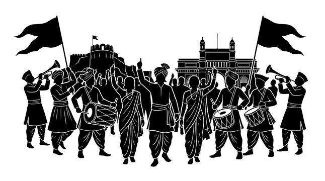 Maharashtra Day in India vector silhouette showing traditional Indian people playing trumpet and drum, dancing in front of historical fort.