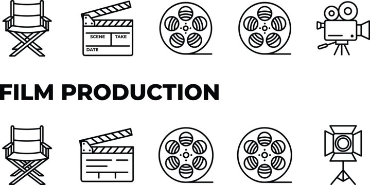 Film production equipment icons including directors chair clapperboard camera and lighting fixtures.