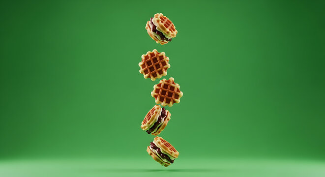 Stack of waffles with chocolate filling falling in a vertical line against a green background, sweet breakfast concept