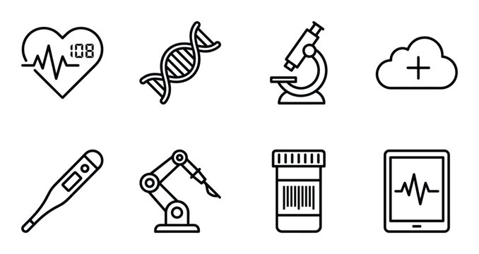 Healthcare and medical technology icons for diagnostic and monitoring tools and futuristic health.