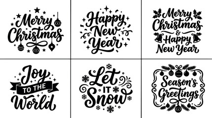 Fototapeta premium Black and white handwritten calligraphic christmas and new year greeting phrases with stars and ornaments