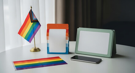 Fototapeta premium Pride flag and rainbow accessories arranged on a table with a smartphone and photo frames, representing LGBTQ+ rights and inclusion