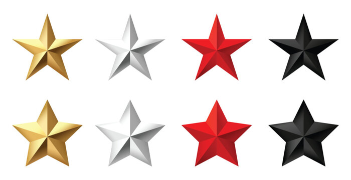 Set of 3D star icons in gold silver red and black colors with glossy metallic style. Collection of rating award and achievement symbols isolated on light background. Perfect for UI design apps games b