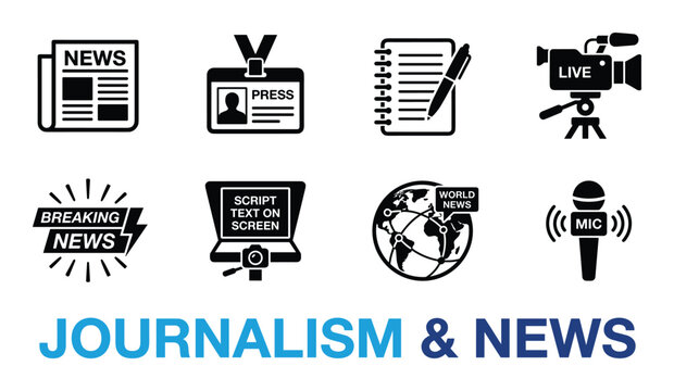Journalism and news icons set vector graphics media broadcast communication elements and symbols.