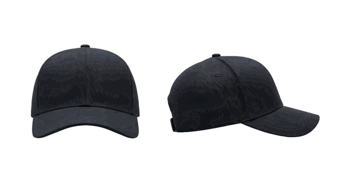 Vector illustration of front and side view of a black baseball cap with a textured pattern on a transparent background