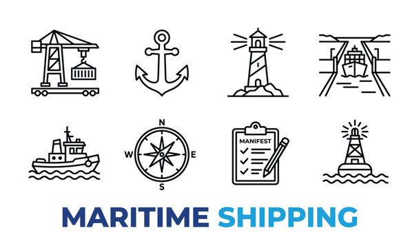 Maritime shipping icons with crane anchor lighthouse ship in tunnel tugboat compass manifest buoy.