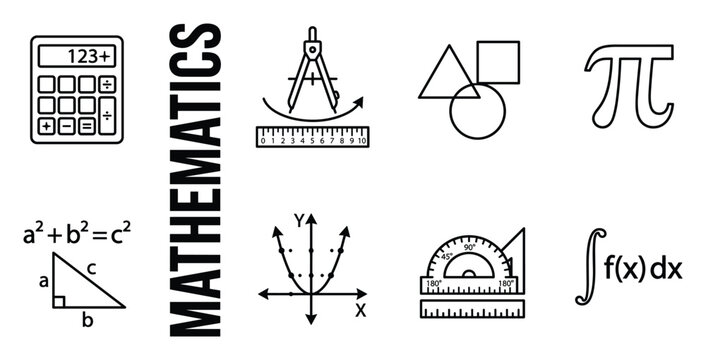 Mathematics line art icons collection calculator compass geometry pi symbols algebra calculus.