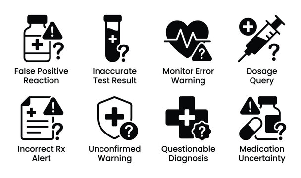 Medical error and uncertainty icons for adverse reactions, test results, and diagnostic queries.