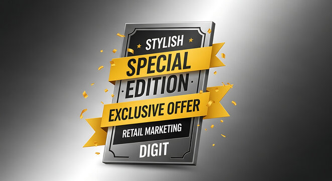 Special edition exclusive offer for retail marketing, digital strategy and product launch, metallic badge with yellow ribbon and confetti