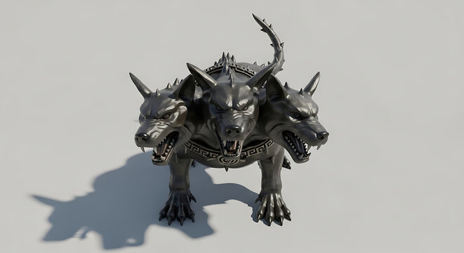 Three headed mythological dog creature standing on a plain surface, snarling with sharp teeth bared, dark metallic fur texture, intense gaze, mythical beast concept