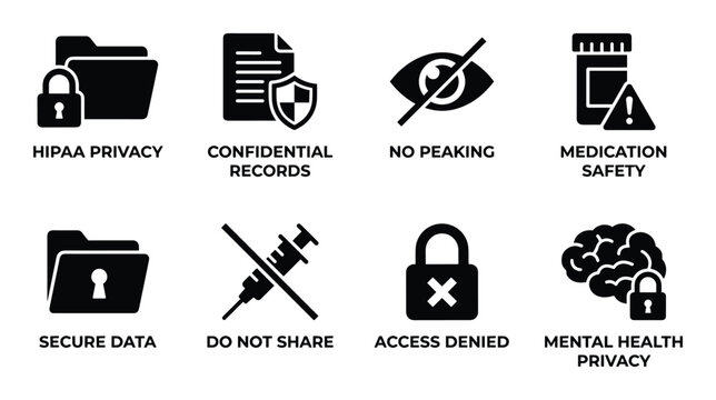 Privacy and security icons for HIPAA data protection confidential records no peeking medication safety access denied.