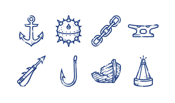 Nautical and maritime themed icons with anchor spiked ball chain anvil harpoon hook shipwreck buoy.