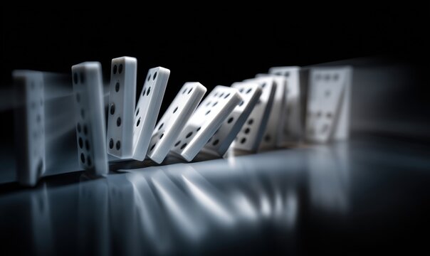 Dominoes falling in a line on dark surface