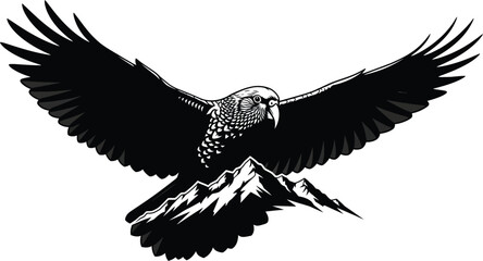Obraz premium Bird of prey with wings spread over mountains black and white mountain wildlife silhouette majestic landscape wilderness predator symbolic representation boldness illustration outdoors