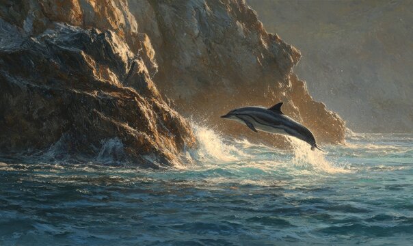 Single dolphin jumps over waves near rugged shore