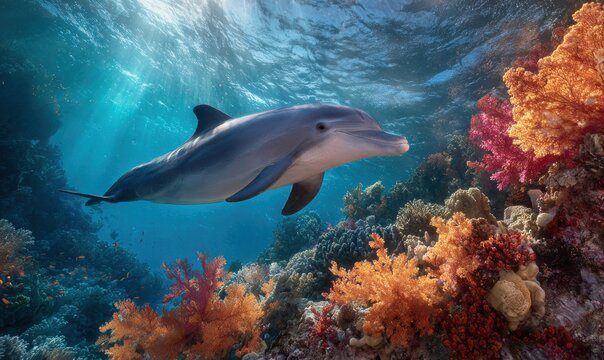 Dolphin near coral reef, sun rays filtering through water surface