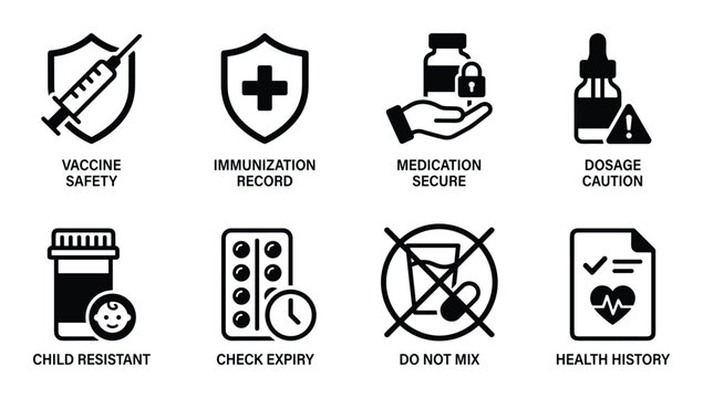 Vaccine safety immunization record medication secure dosage caution child resistant check expiry do not mix.