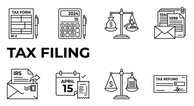 Tax filing line art icons collection tax form calculator scales dollars IRS envelope calendar.