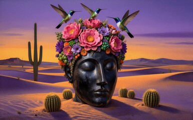 Obraz premium Desert head adorned with flowers and hummingbirds cacti scattered