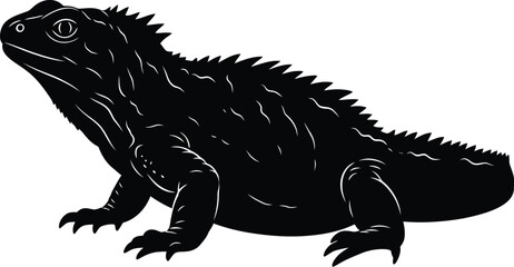 Fototapeta premium Black silhouette of an iguana with black and white silhouette wildlife illustration isolated creature animalistic profile view herpetology distinctive background minimalist representation
