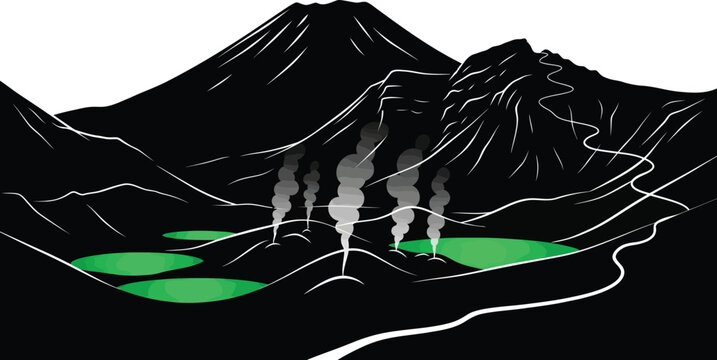 Volcanic landscape with hot springs and steaming vents illustration hot spring black and white background landscape mountain geothermal environment illustration abstract stylized