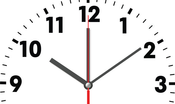 Analog clock face with red second hand at 10:00 on time measurement chronometer counting schedule appointment deadline punctual punctuality instantanous timekeeping background minimalist