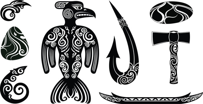 Maori ta moko inspired tattoo designs in black silhouette with ta moko maori art fish hook hei matau wood carving stone carving representation of silhouette new zealand ancestor traditional
