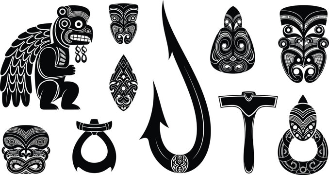 Maori and polynesian tattoo art collection with fish hook hei matau wood carving stone carving representation of polynesian collection silhouette new zealand traditional heritage stylized