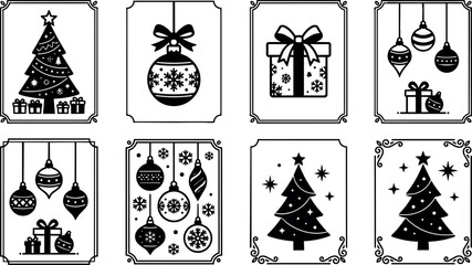 Fototapeta premium Black and white christmas tree ornaments gift boxes vector art