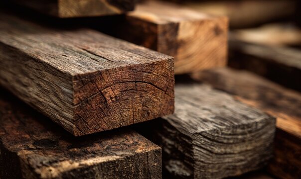 Close-up of rough-hewn timber logs stacked in rustic arrangement with natural wo