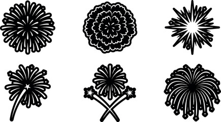 Fototapeta premium Black and white vector art set of six fireworks with star details