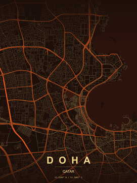 Doha city map vector illustration featuring detailed street layout, modern minimal design, urban road network, travel map poster, abstract cartography, printable wall art, high resolution map graphic.