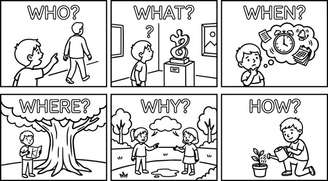Black and white line art comic panels with children asking who what when where why how questions