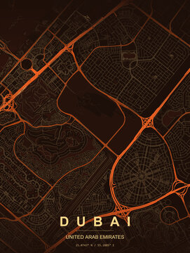 Dubai city map vector illustration featuring detailed street layout, modern minimal design, urban road network, travel map poster, abstract cartography, printable wall art, high resolution map graphic