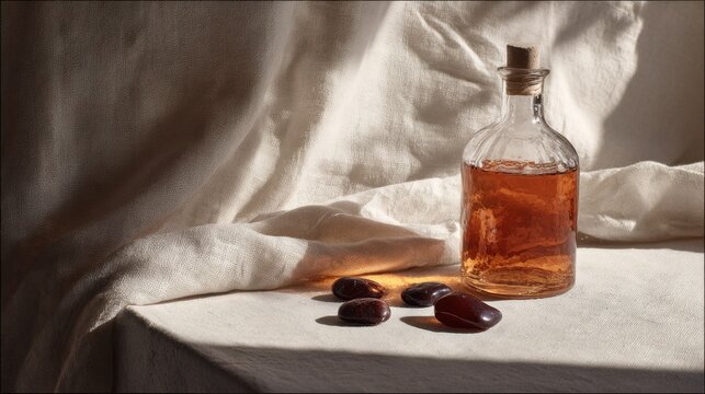 Still life composition featuring a small glass bottle filled with light brown liquid, accompanied by three dark objects on a textured surface with soft fabric backdrop
