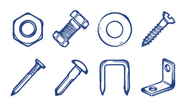 Fasteners and hardware including nut bolt washer screw nail staple and angle bracket.