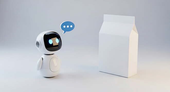 Small friendly robot communicating with a blank carton package, artificial intelligence concept, digital assistant chatbot, with speech bubble