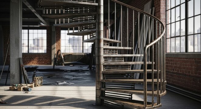 An Industrial Metal Spiral Staircase in a Loft Building With Visible Welds