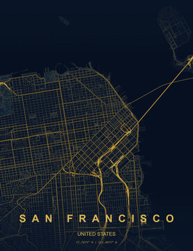 San francisco city map vector illustration featuring detailed street layout, modern minimal design, urban road network, travel map poster, abstract cartography, printable wall art, high resolution map