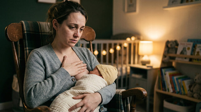 Nursing Mother Experiencing Pain or Mastitis While Holding Infant