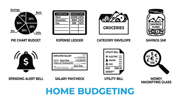 Home budgeting icons, personal finance and money management symbols, vector collection.