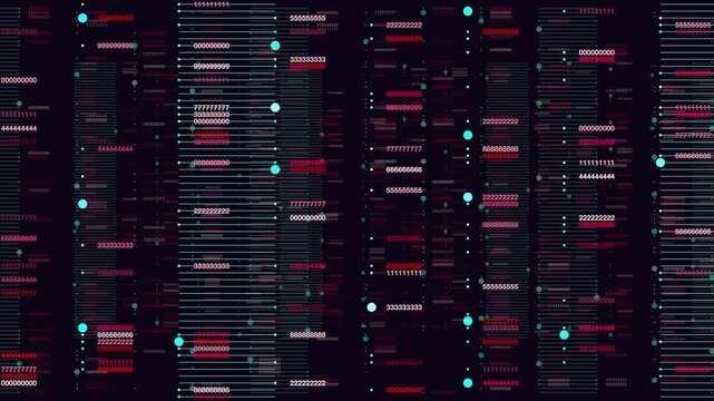 Futuristic abstract data visualization with flowing numbers, scanning lines, and glowing dots on dark background, ideal for technology, cybersecurity, and AI themes