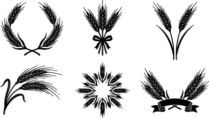 Fototapeta premium Black and white wheat ear wreath and bundle icons with ribbon and circle