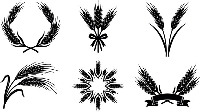 Black and white wheat ear wreath and bundle icons with ribbon and circle