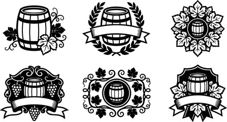 Obraz premium Black and white grapevine barrel wreath badges with ribbons vector art