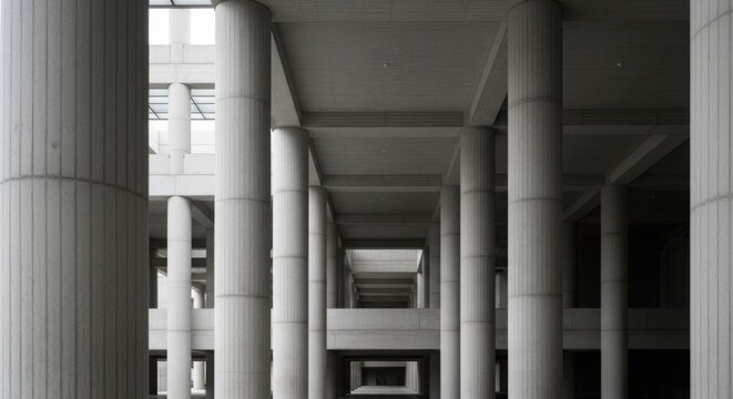 Modern concrete columns and ceiling structure creating a geometric perspective in a spacious building interior