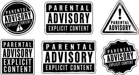 Naklejka na ściany i meble Black and white parental advisory explicit content label vector set with varied shapes