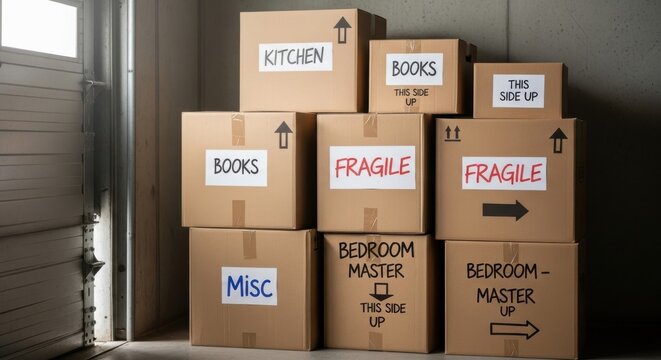 Stacked moving cartons with handwritten labels for kitchen, books, and bedroom items, indicating fragile contents and directional markings